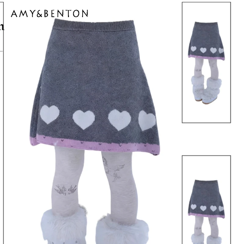 

American Retro Design Sweet Cute Heart Gray Splicing Women's Skirt 2025 Winter New Design Fashion A-line Knitted Skirts Ladies