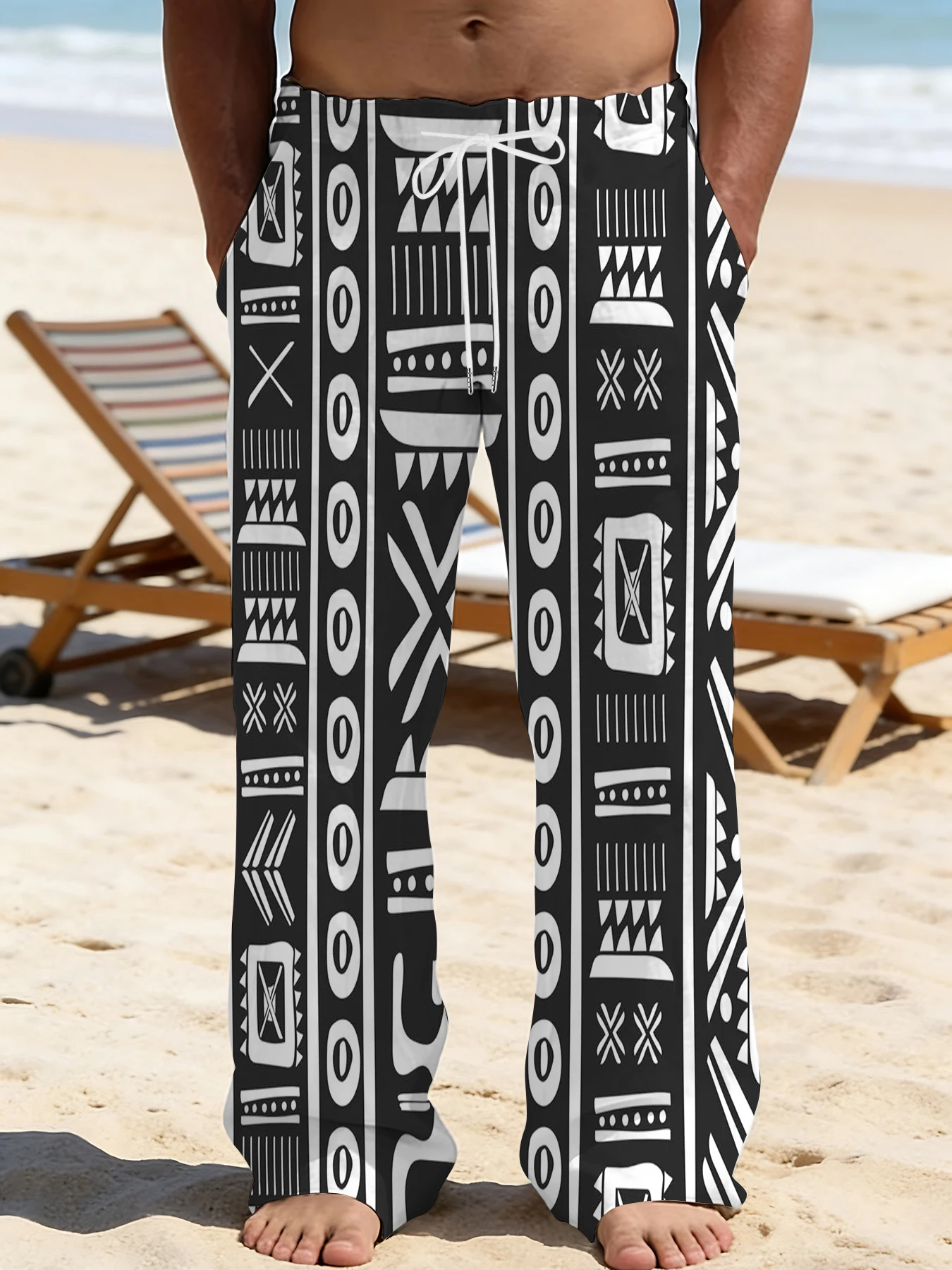 

2026 Men's Printed Straight Leg Pants Abstract Wave Pattern Drawstring Waist Loose Fit Summer Beach Casual Lightweight Pants