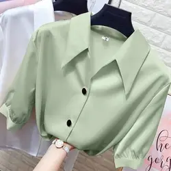 Blusa coreana de peito único para mulheres, camisa básica, meia manga fina, gola virada para baixo elegante, roupa feminina, nova, cor sólida, verão, 2023