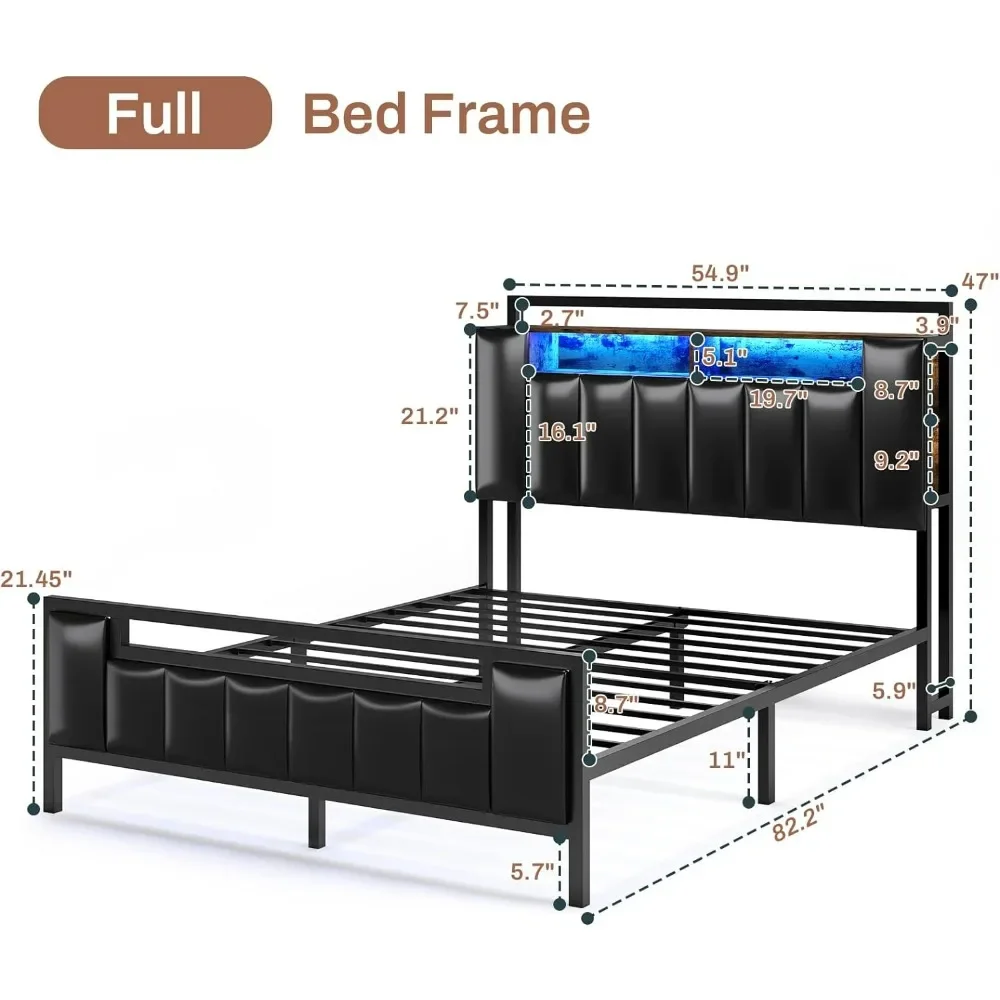 Full Size Bed Frame with Storage Headboard, Led Light, Metal Slats Support and Charging Station, No Box Spring Needed