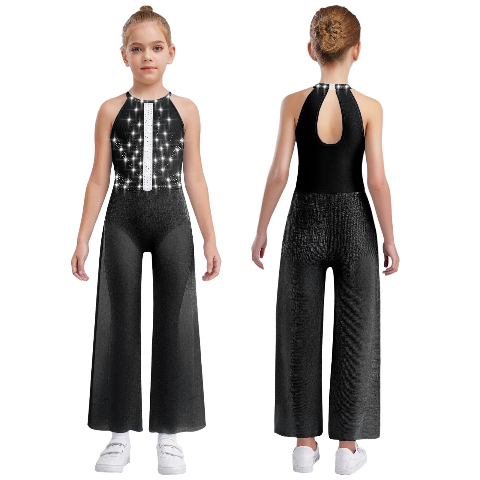 

Kids Girls Rhinestones Ballet Gymnastics Leotard Sides Split Figure Skating Dance Jumpsuit Ballerina Stage Performance Costume