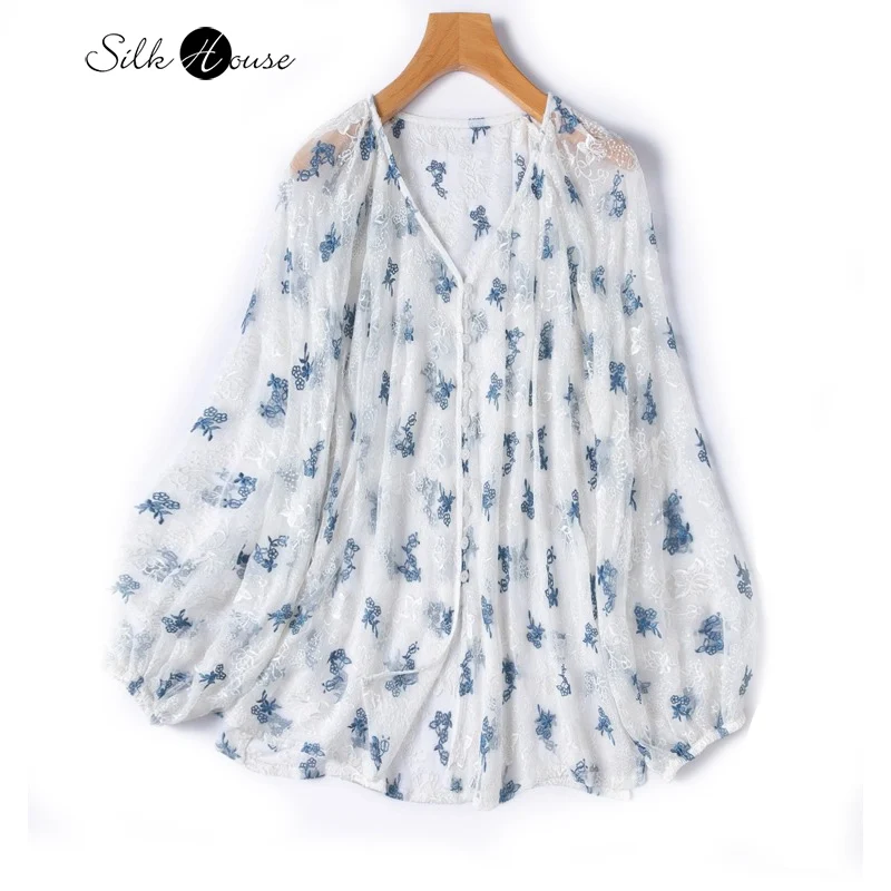 

Clear Light Blue Embroidered 100% Natural Mulberry Silk Georgette V-neck Split Semi Transparent Sunscreen Clothing