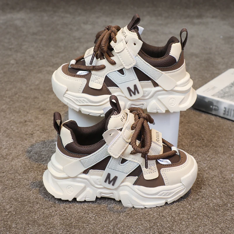 Soft Leather Autumn Children's Basketball Shoes, Boys' Casual Sports Shoes, Breathing Tennis Shoes, Patchwork Colors, 2025