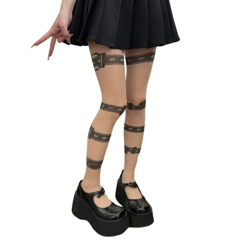 Gothic Punk Cosplay Pantyhose Women Faux Leg Garter Print Stockings Sheer Tights