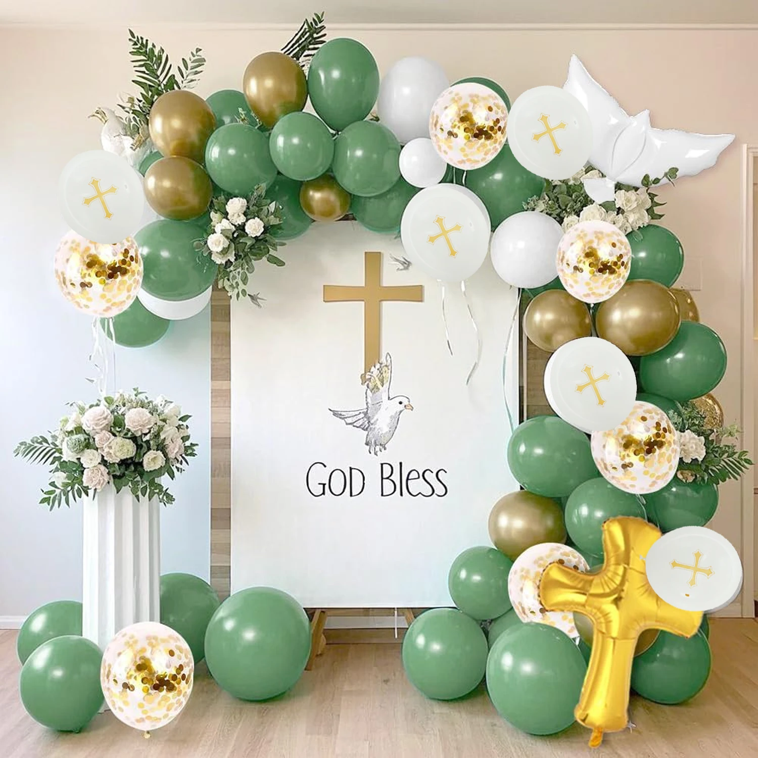 

134pcs First Communion Balloon Garland Arch Set, Gold Cross Aluminum Film Balloon,for Communion Background, Baptismal Decoration