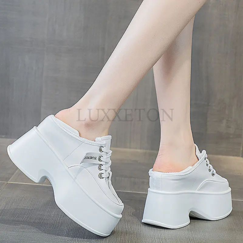 11cm New Platform Wedge Casual Punk Genuine Leather Breathable Summer Comfy Chunky Slippers High Brand Fashion Women Shoes