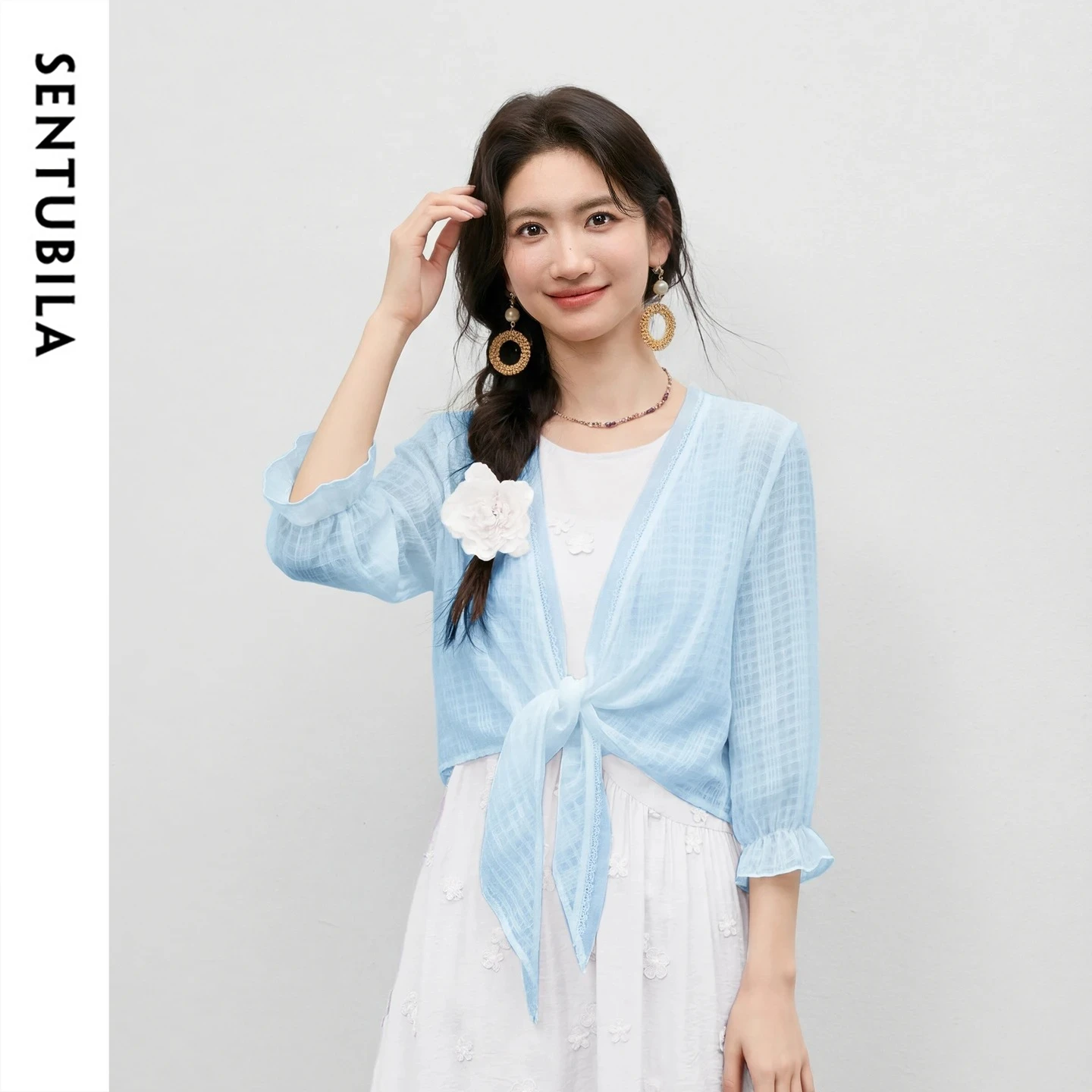 

SENTUBILA Women's V Neck Lace Balloon Sleeve Chiffon Jacket Sash Tie Patch Mesh Jacquard Textured Lightweight Coat Q62WI6266X