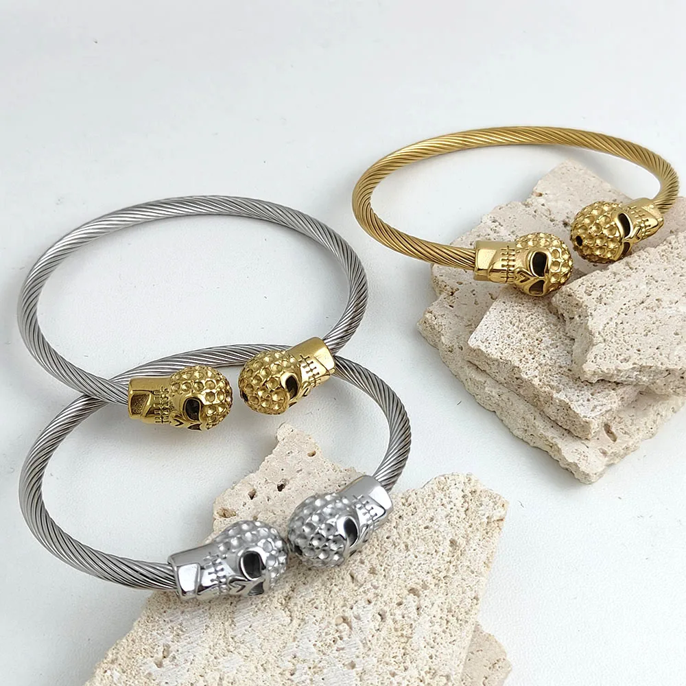 

Wire button pattern skull stainless steel gold-plated 18K bracelet, high quality waterproof silver jewelry, gift for wife