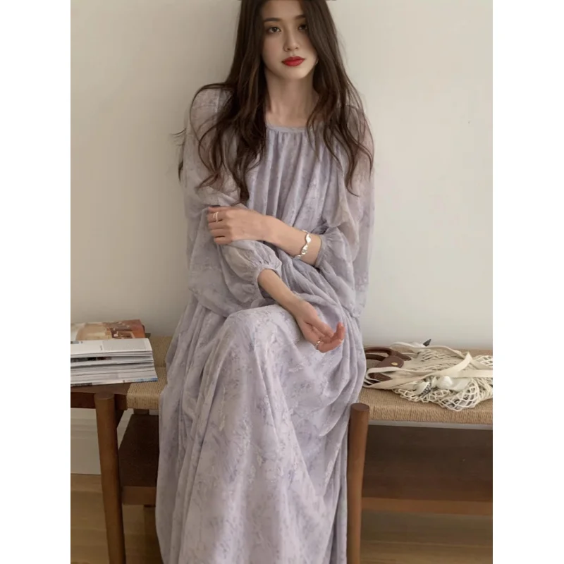 

Vacation Style Floral - printed Loose Long Chiffon Dress with Large Backless Design