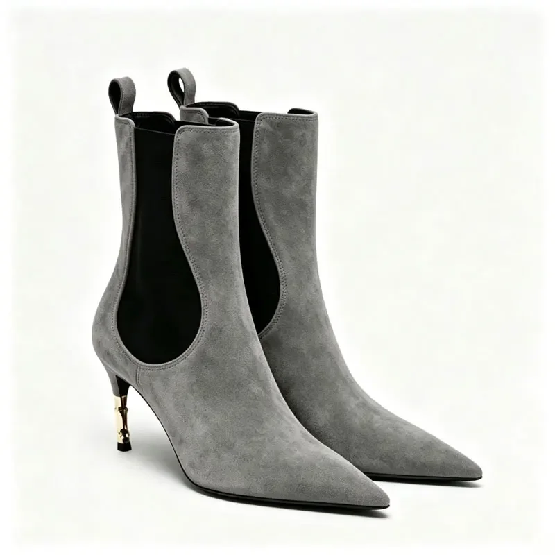 2026 New Low Heel Knee High Boots with Pointed Kitten Heels and Elastic Fabric Autumn and Winter Fashionable Mid Length Boots