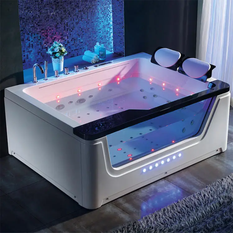 2 People Indoor Modern Embedded Acrylic Bathtub with Air Massage LED Lighting Drainer Corner Installation
