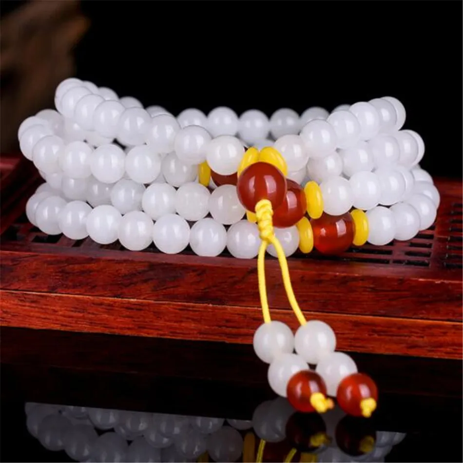 

6mm 108 Natural Hetian jade Gemstone Necklace Prayer Mala beads Charm Women Bangle Chain Link Men