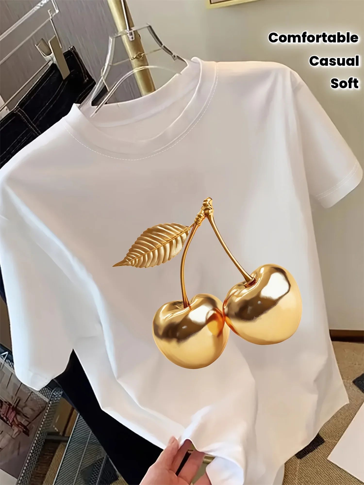 Women's Golden Cherry Print Short Sleeve T-Shirt Cherry Tee Geometric Print Crew Neck Short Sleeve Design in Vibrant Colors