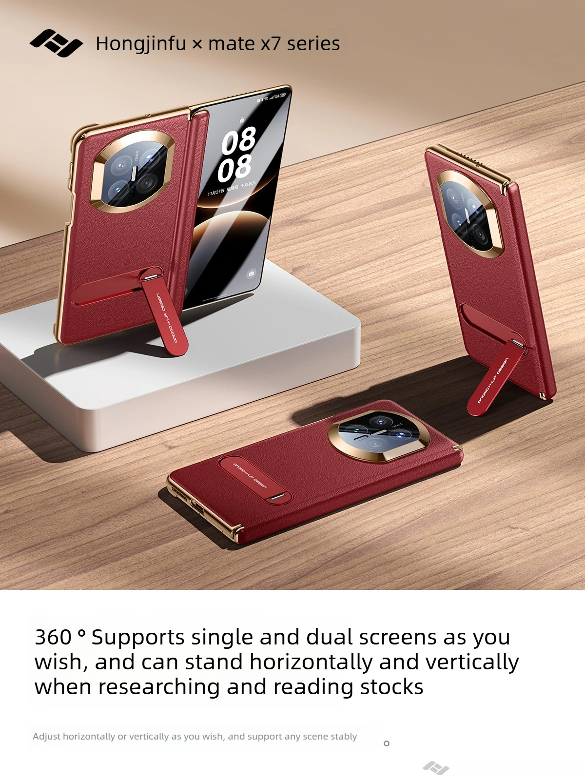 

[central axis hinge protection] for huawei mate x7 case, luxury genuine leather case, full lens coverage built-in rotating stand