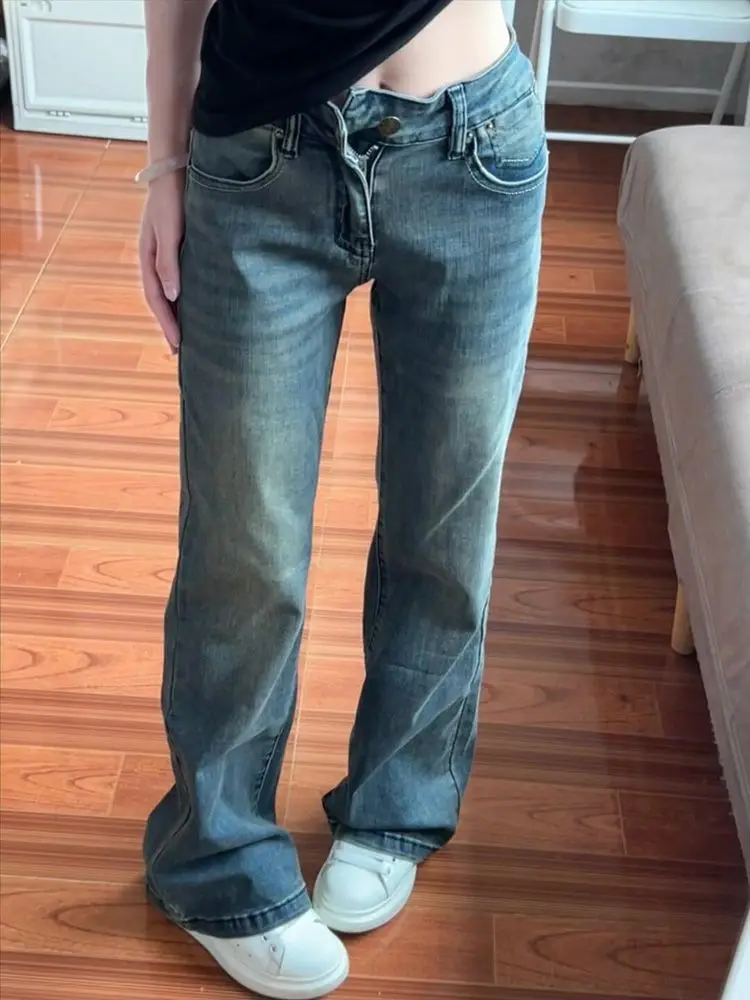 White Jeans For Women Straight Blue Casual Retro 2000S American Distressed Hole Ripped Female Clothing Unisex Basic Simple Long