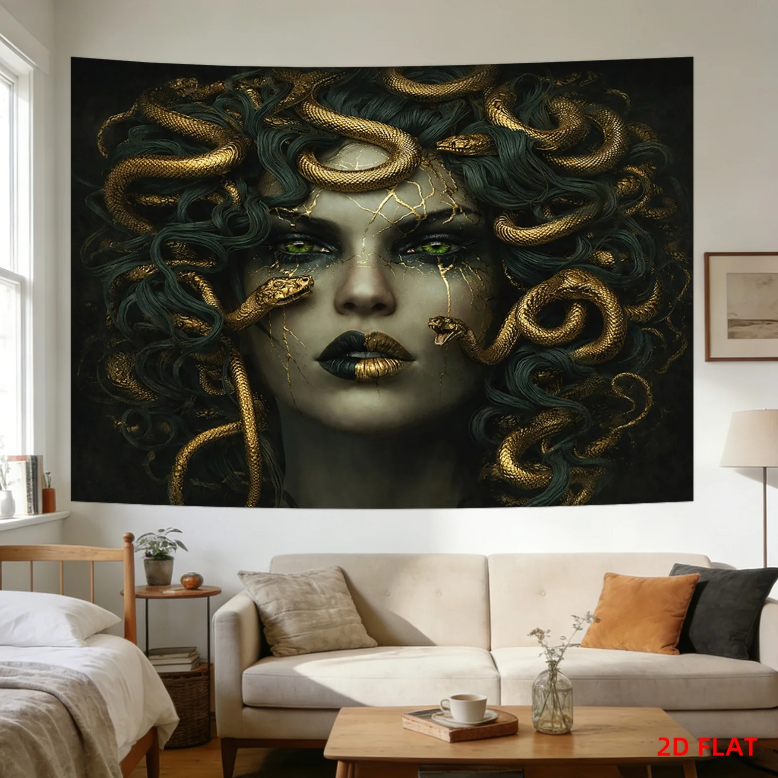 Medusa Goddess Tapestry, Gold Snake Hair Wall Hanging, Dark Fantasy Portrait Decor, Gothic Bedroom Blanket, Aesthetic Gift