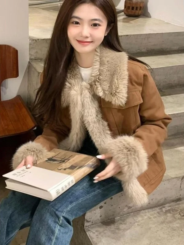 ريترو Sle المرأة فو الفراء Jaet Thiened الربط الجلد المدبوغ ملابس خارجية معطف دافئ رقيق طويل Sve ort طول زر C...