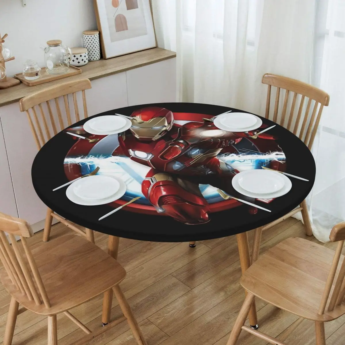 Custom Round Oilproof Disney Iron Man Marvel Film Table Cover Elastic Table Cloth Backing Edge Tablecloth for Picnic