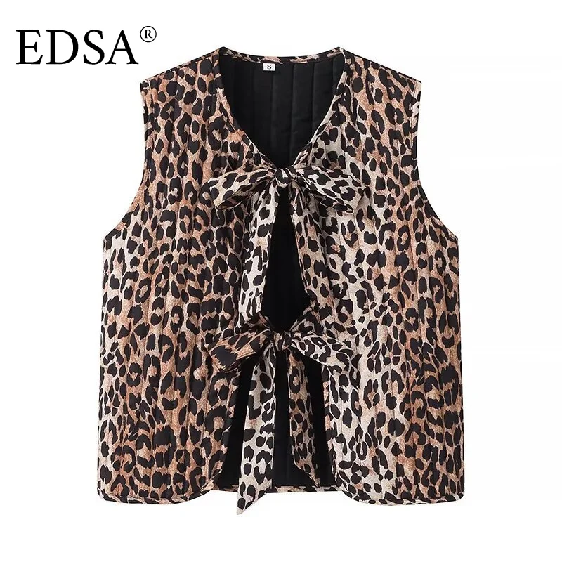 

EDSA Women Leopard Print Vest Top Sexy Y2K Chic Sleevelss Bow Tie Cardigan Waistcoat Loose Clothes Streetwear