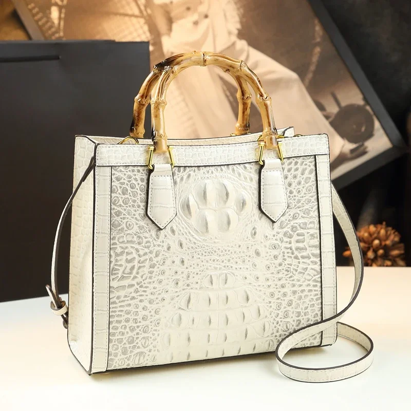 Brand Genuine Leather Bamboo Women\'s Bag Crocodile Pattern Ladies Handbag Portable Tote Bag Mom Tide Shoulder Messenger Bags2024