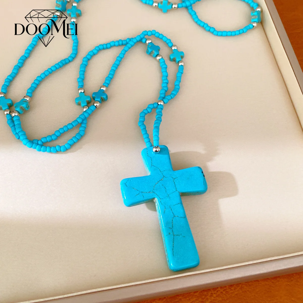DOO MEI Boho Turquoise Cross Pendant Necklace For Chain Vintage Religious Charm Necklace Bohemian Vacation Daily Casual Jewelry