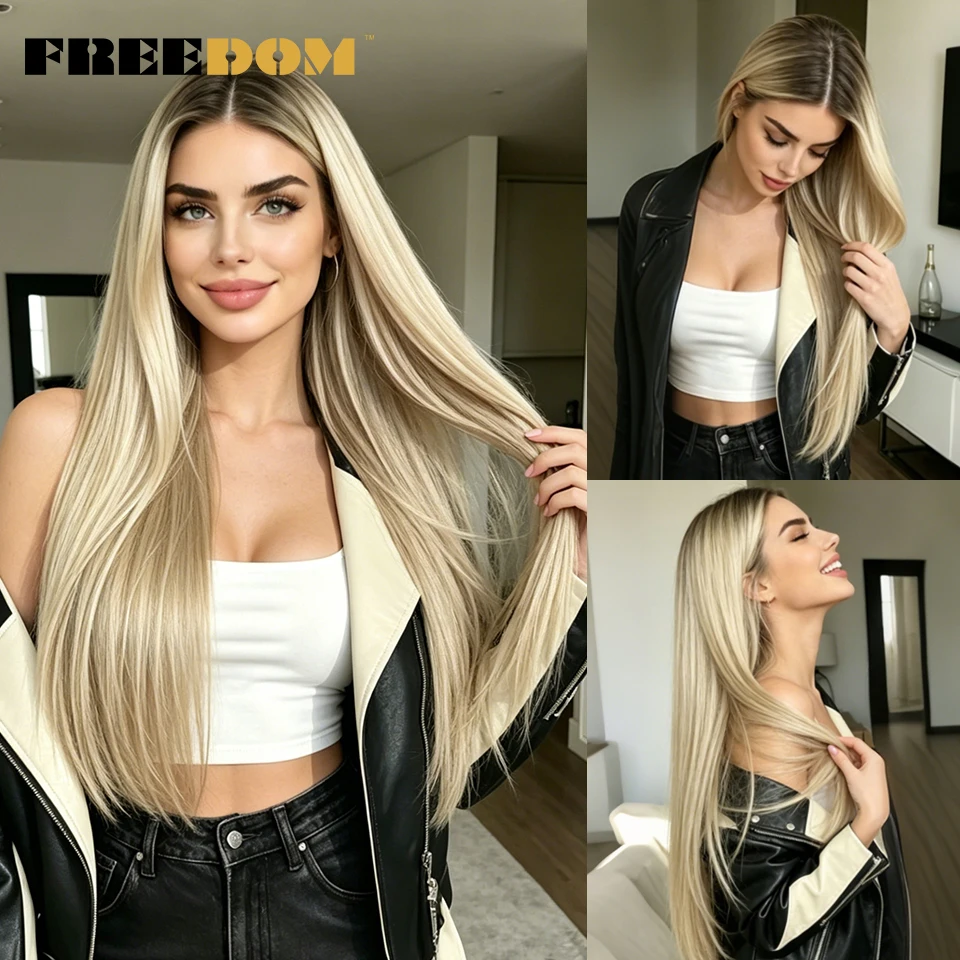 

FREEDOM Synthetic Lace Front Wigs For Women 28 Inch Long Straight Layered Ombre Brown Blonde Daily Use Wigs Red Cosplay Wig