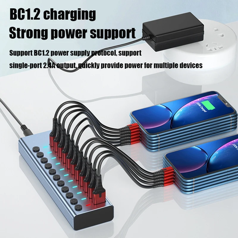 11 Ports Computer Extender USB HUB 2.4A Fast Charging Port External 12V Power Supply -US Plug