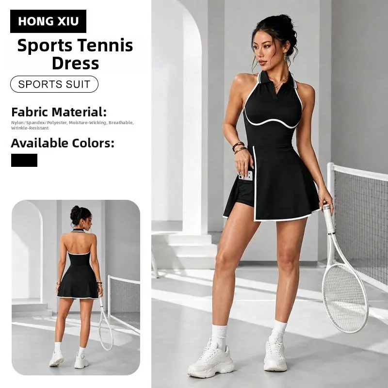 Women Open Back Color Block Tennis Skort Dress With Pockets Built‑in Shorts Athletic Short Dress For Yoga Golf Workout Fitness