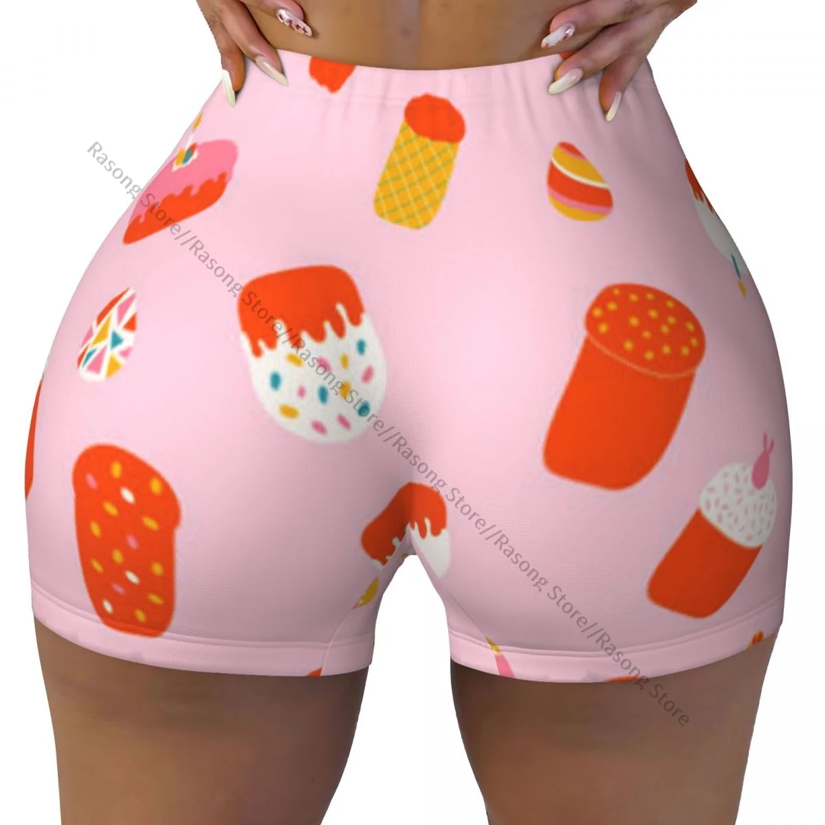 여성용 스판덱스 요가 반바지 케이크와 계란 패턴 운동 부티 반바지