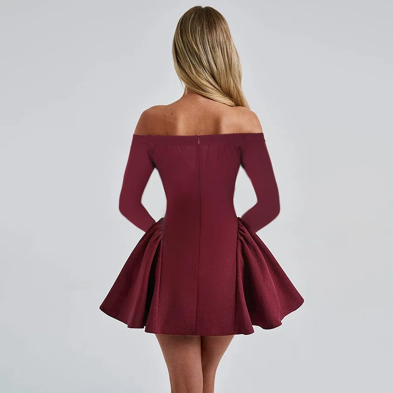 Sexy schulterfreies kurzes rotes Kleid für Damen, schlank, rückenfrei, elegant, langärmelig, kurvige A-Linie, schwarze Mini-Kleider, Geburtstag, Abendparty