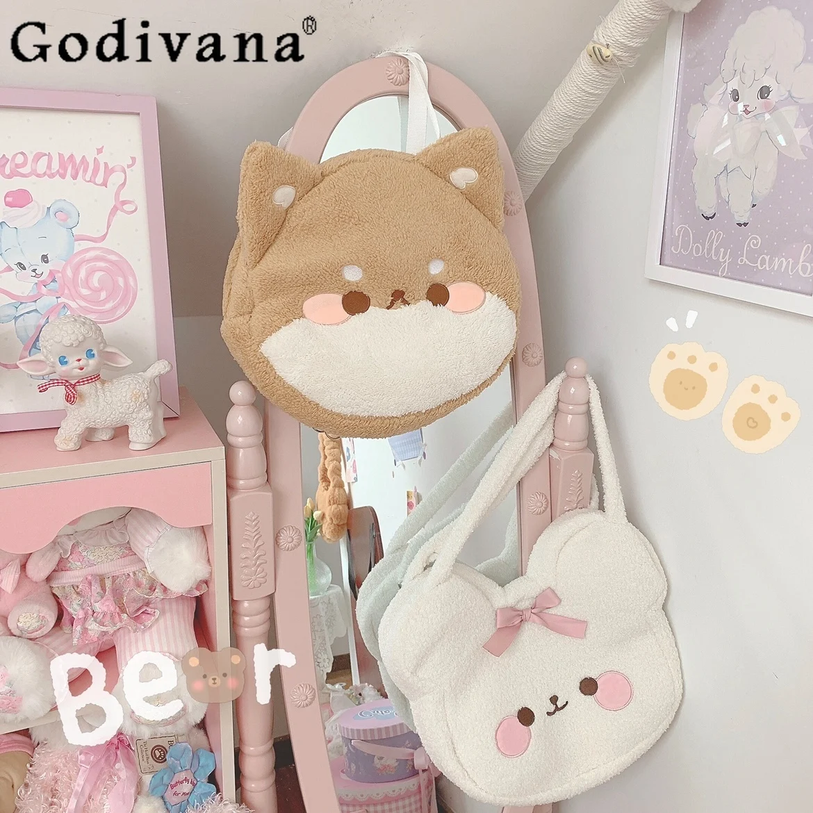 Cute Shiba Inu Plush Backpacks Soft Girl Japanese Lolita Crossbody Bags Female Casual and Sweet Cartoon Shoulder Bags Handbags