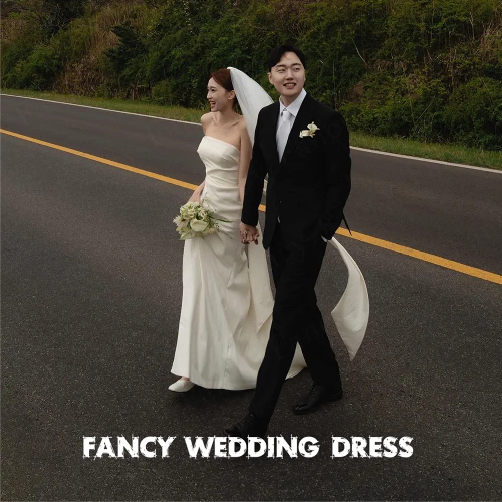 Fancy Charming Ivory Strapless Wedding Dress Satin Korea Photography A Line Bridal Gown Sleeveless 웨딩드레스 Back Corset customized