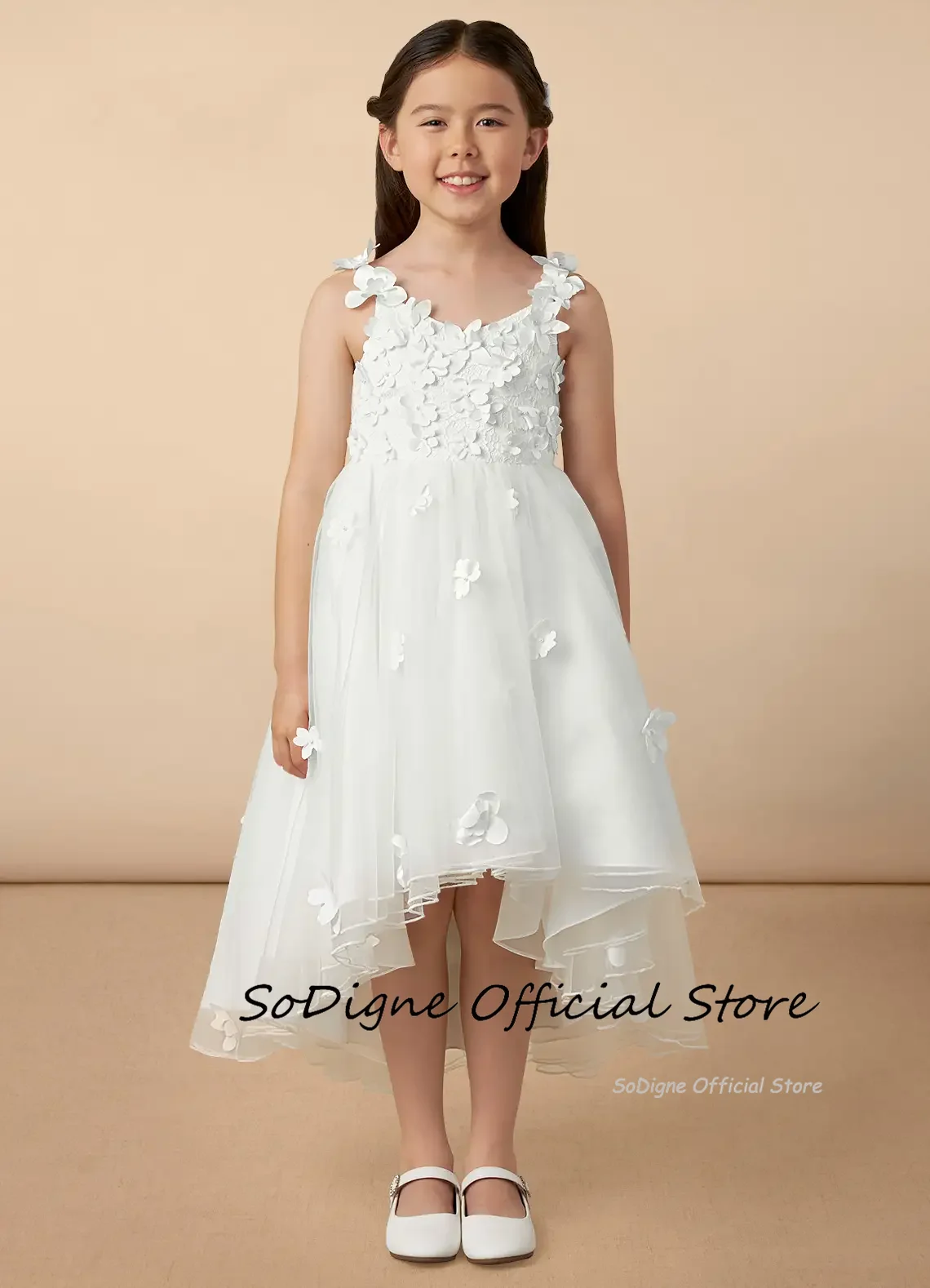 SoDigne A-line Flower Girl Dress Spaghetti Straps Tulle Appliques Skirt Girls Party Dresses Customized Kid Gown with Bow