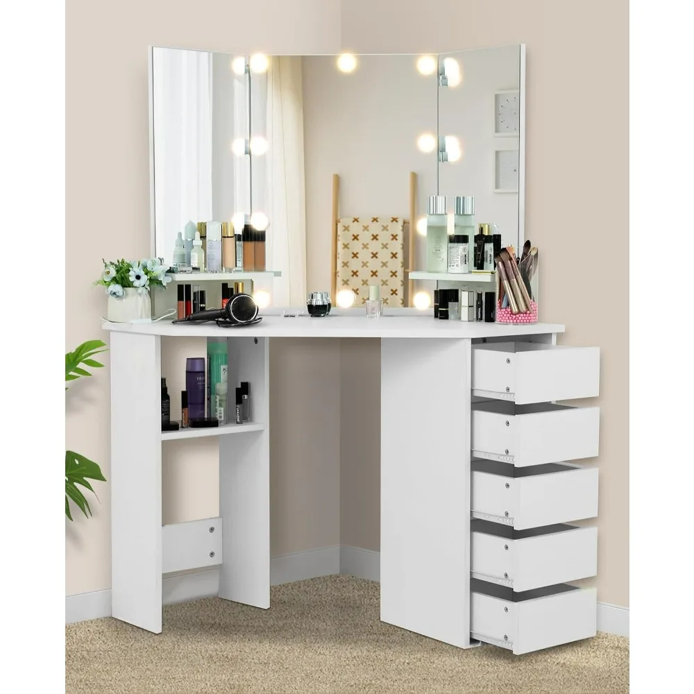 

Vanity Desk with Mirror & Lights, White Makeup Desk with 5 Drawers, Corner Vanity Dressing Table for Bedroom Woman Girls