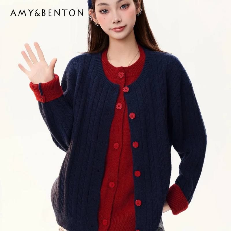 

Autumn Winter Fake Two-Piece Color-Block Women's Knitted Sweater American Retro Commuting Warmth Age-Reducing Warm Coat Ladies