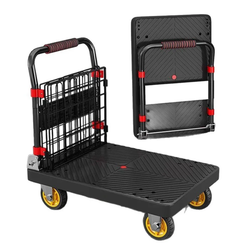 350KG Load-bearing Flat Trolley Foldable Four-Wheel Hand-Pulled Flaed Cart Household Goods Transport Quiet Trolley With Fence