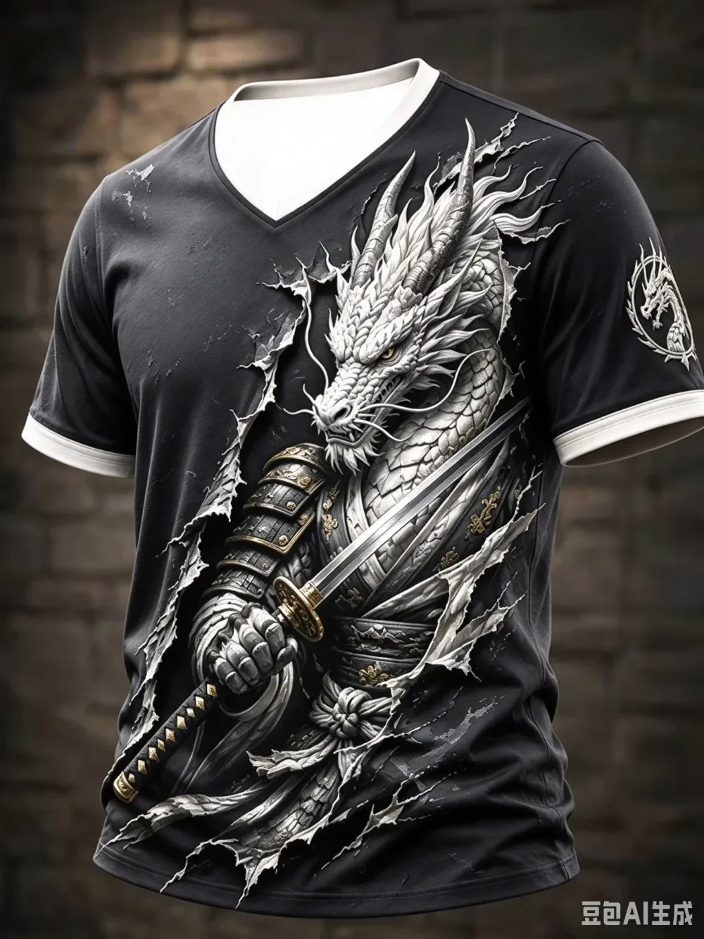 Fashion White Dragon Warrior Pattern 3D Print Casual Street Punk Outdoor Fitness Men Plus-size V-neck T-shirt Large parent-child