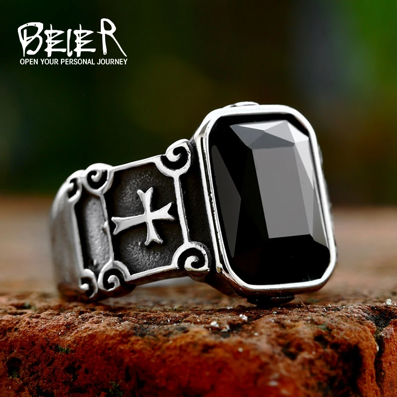 BEIER 2023 New Stainless Steel Cross Black Zircon Ring Cool Wedding Band Men's Ring High Quality Fashion Jewelry Gift