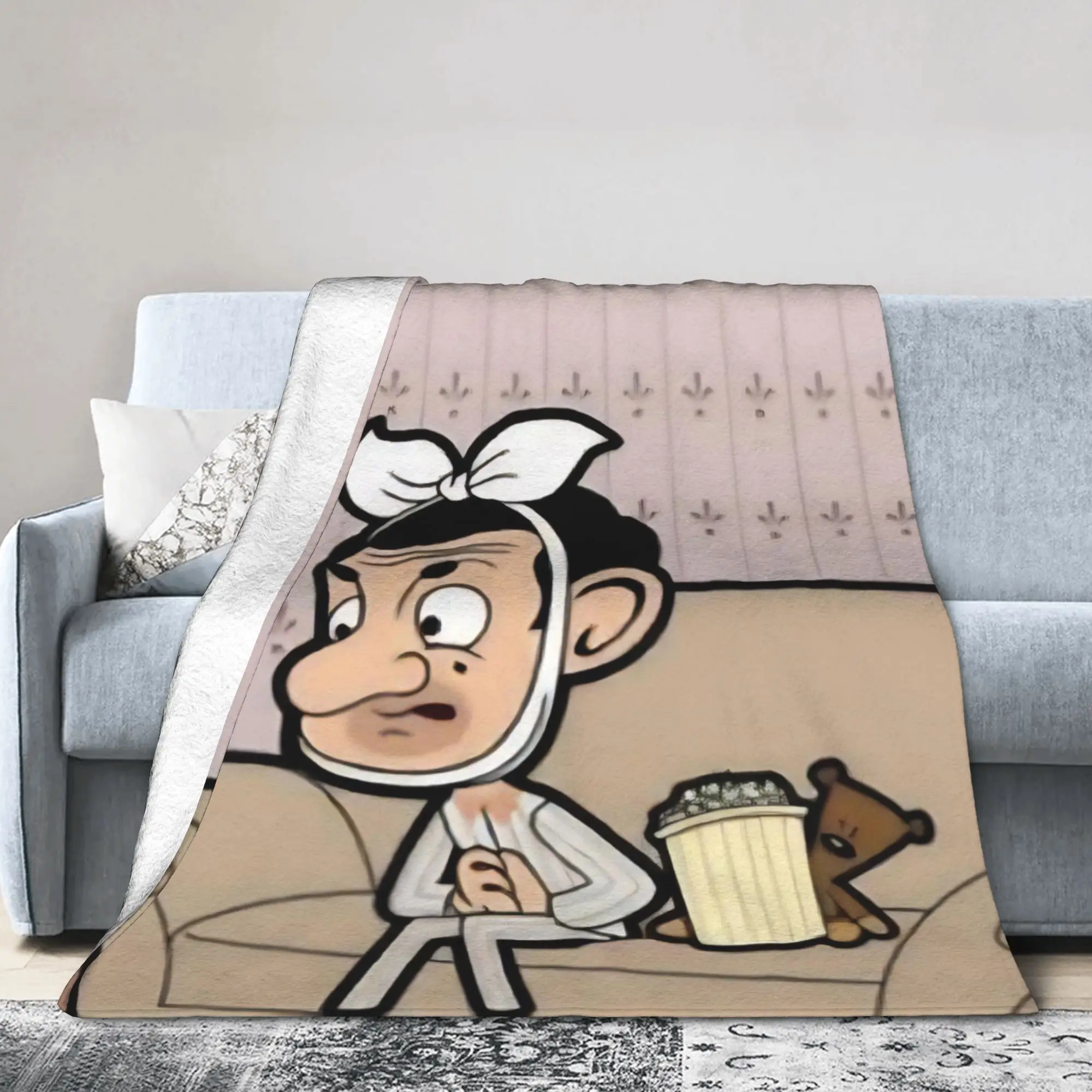 Mr. Beans  Cartoon   Blankets  Teddy Bear  Flannel Awesome Warm Throw Blankets for Bedspread Decoration,