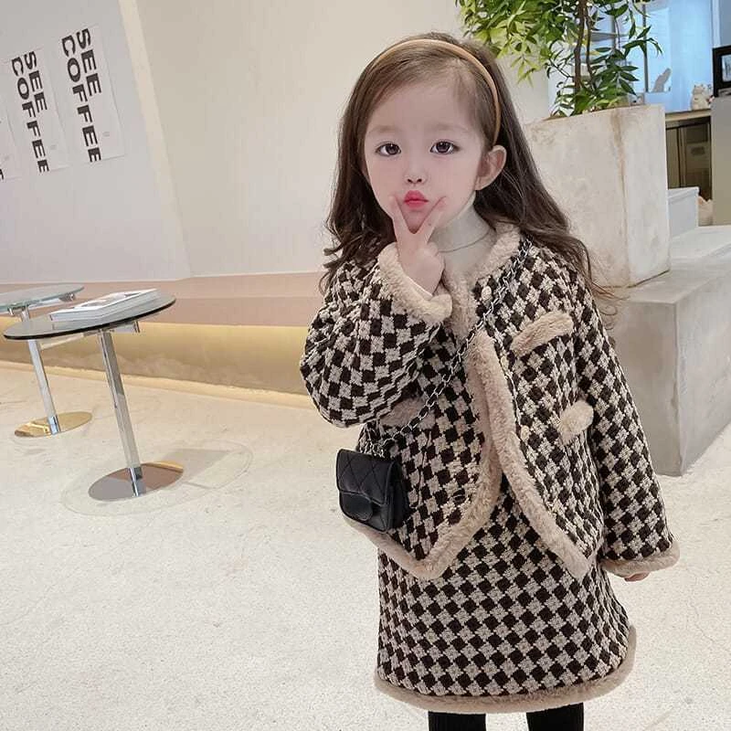 Baby Autumn Winter Coat Skirt Set Thickened Winter Skirt Children New Maillard Style Girls Checkered Two Piece Set