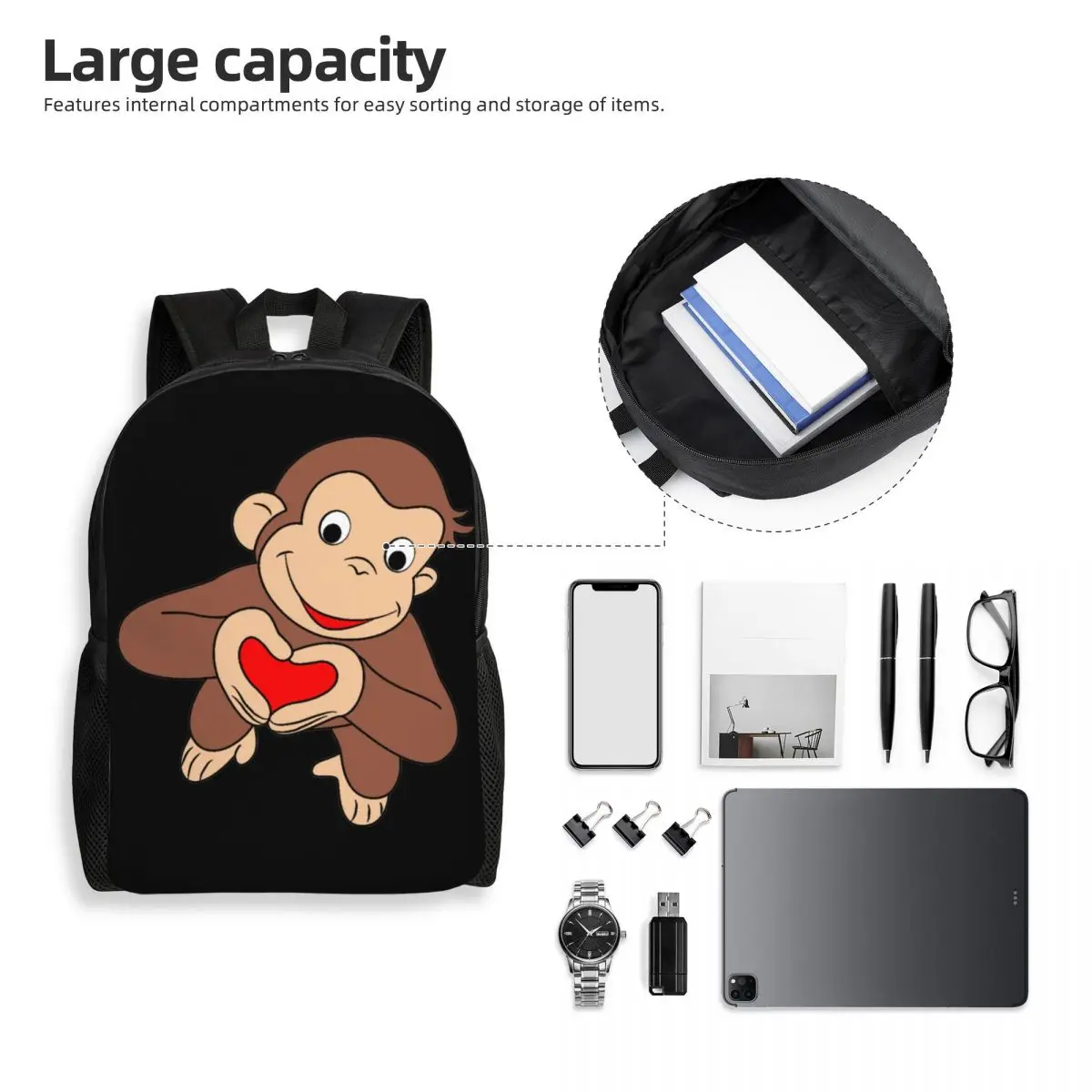 Curioso George é todas as mochilas coração para mulheres e homens, Escola College Students Bookbag, Fits 15 Polegada Laptop, Monkey TV Series Bolsas