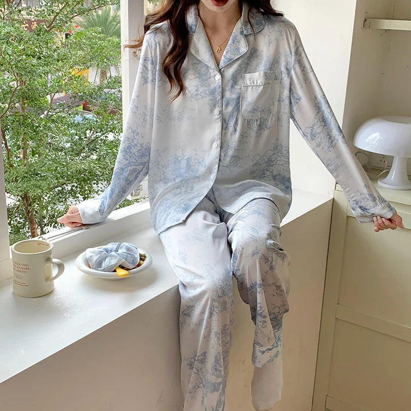 Women\'s Sexy Sleepwear Long Sleeved Satin Shirts Home Wear Lingerie Set Loose Casual Pyjamas Spring Autumn Printed Nightwear