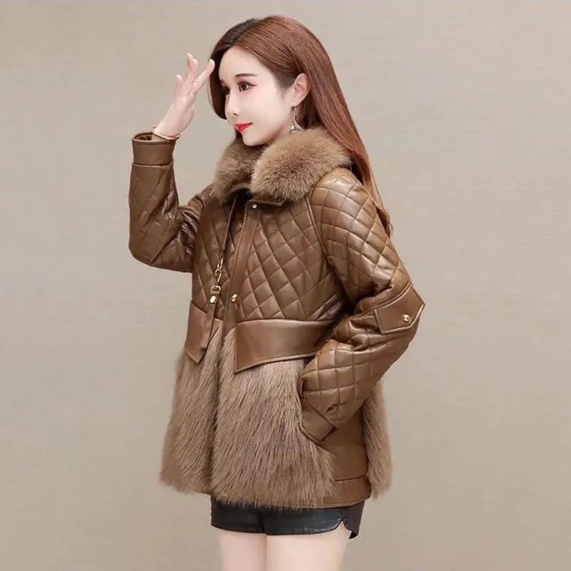 Fur Women\'s Winter 2022 New Fashion Loose Stitching Cold And Warm Design Temperament Fur Collar Down Cotton-padded  Women