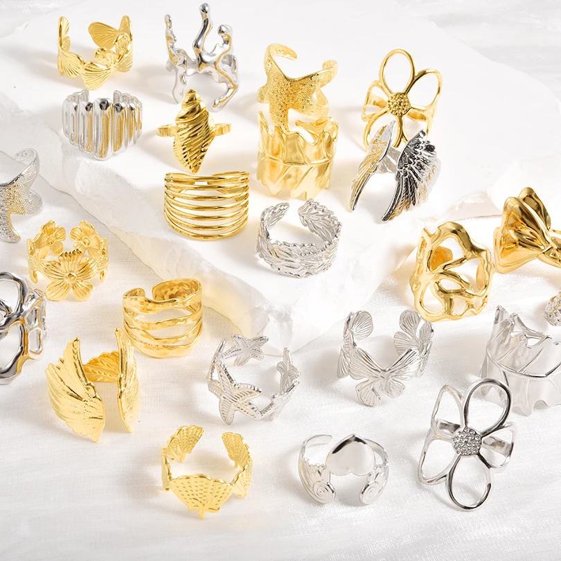 

1/6Pcs Stainless Steel Punk Sunflower Angel Wing Chunky Irregular Open Rings Textured Gothic Egyptian Ankh Cross Anillos Jewelry