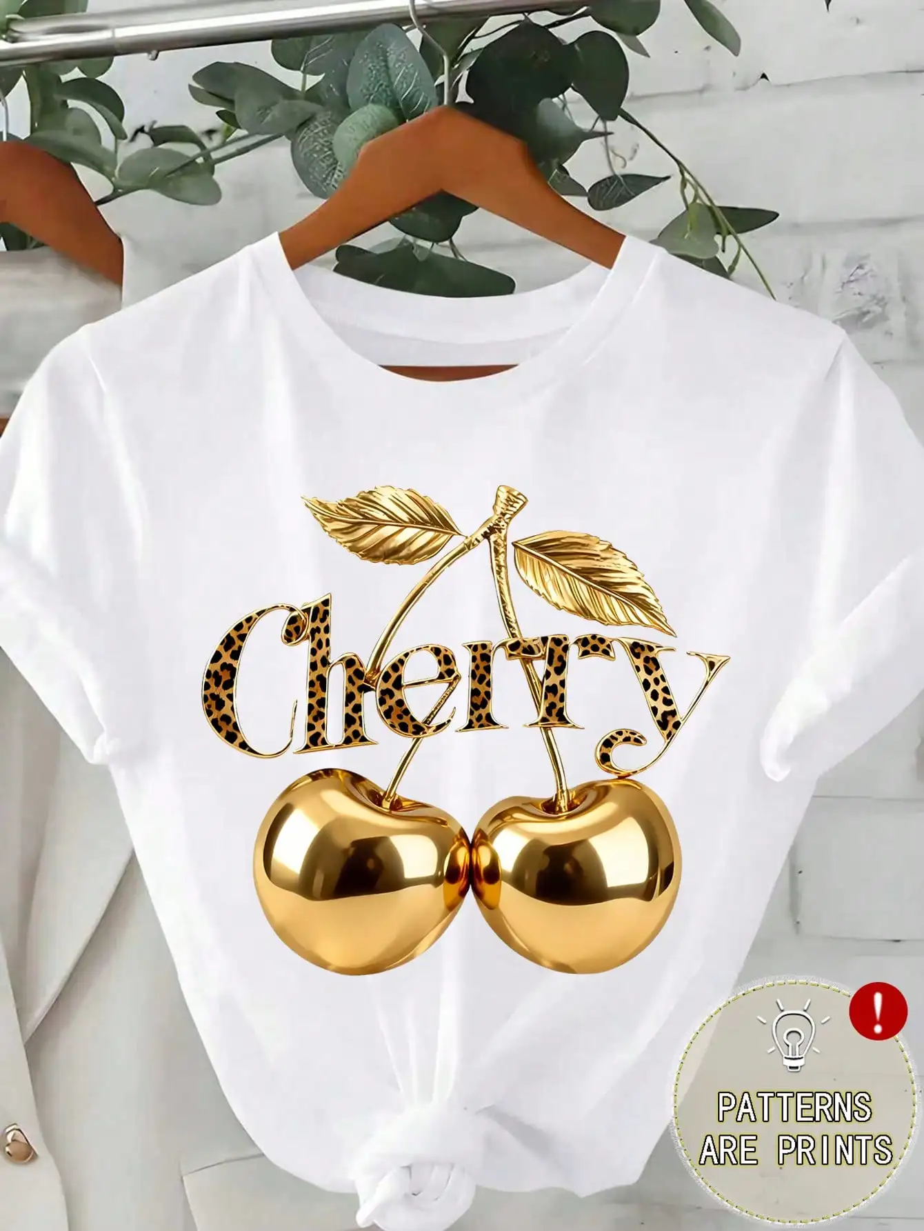 Women's Regular Fit White T-Shirt Featuring Golden Cherry And Leopard Tropical Print