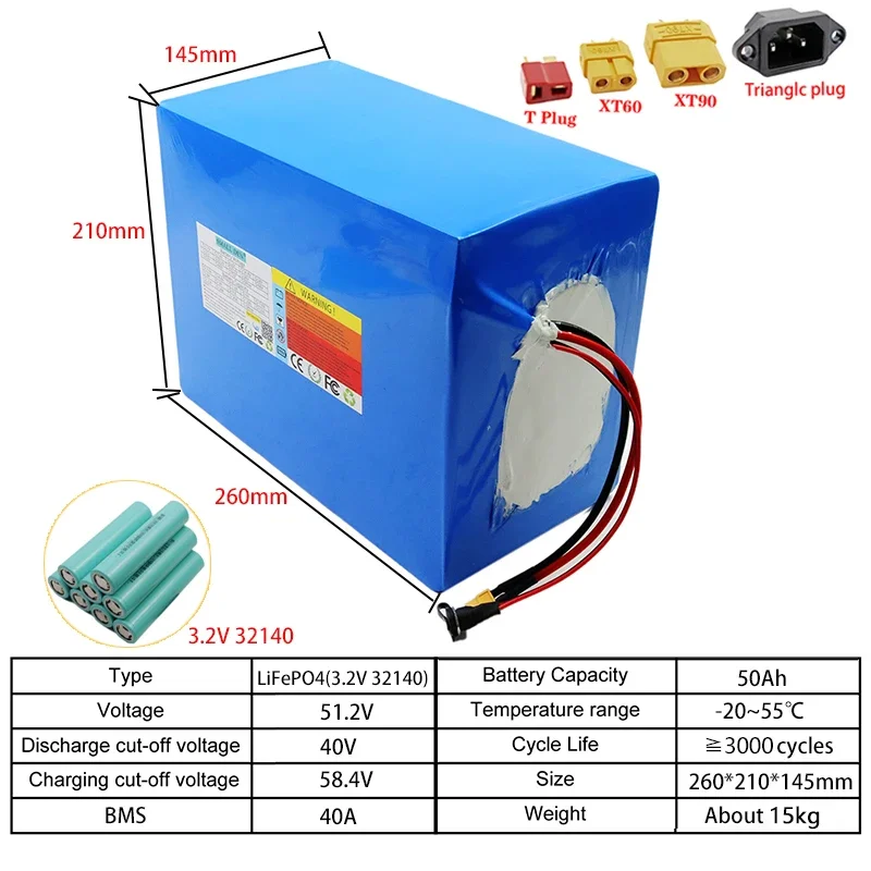 48V 30Ah/50Ah 32140 Lifepo4 batería 16S3P 2000W de alta potencia con BMS para motocicleta eléctrica scooter triciclo celular + cargador de 58,4 V 5A