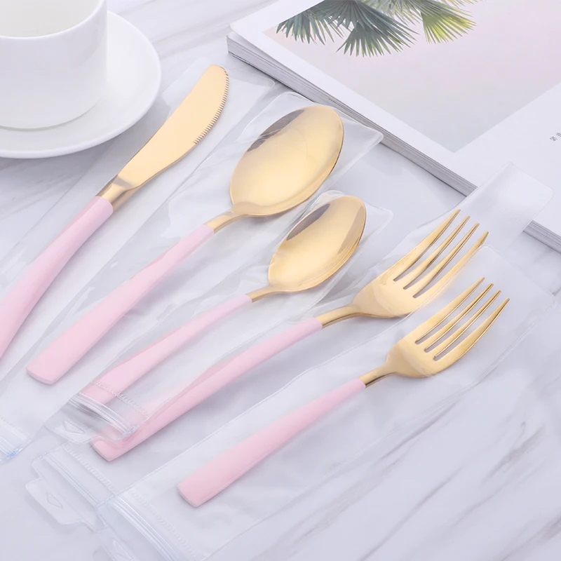 Buyer Star 20-Piece Silverware Cutlery Set Stainless Steel Flatware Dinner Service For 4 Gold with Pink Handle Knife Fork Spoon