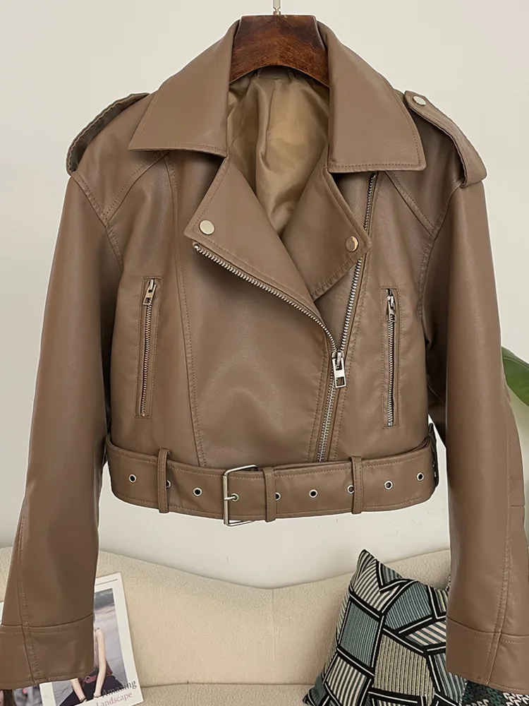 ZMEENNA Womens kunstleer jas bijgesneden asymmetrische zip-up jas klassieke groene klinknagel gordel punk bovenkleding ZM3367