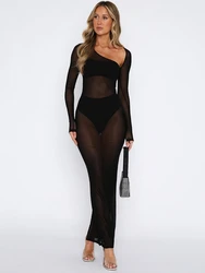 Black See Through Y2k Dress For Women Clothing Long Sleeve Vestidos De Mujer Slim Sexy Streetwear High Waist Autumn Robe Femme