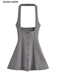 2023 Summer Halter Slash Collar Backless Mini Dresses Sexy Women Slim Waist Buttons A-Lined Swing Party Robe Vestidos